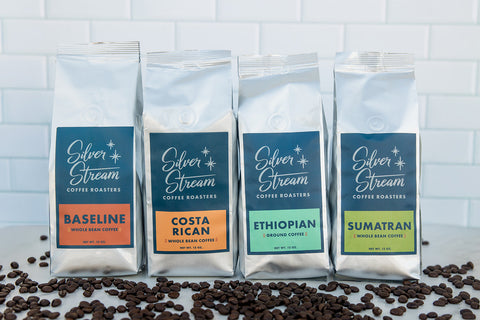 SilverStream Coffee Roasters best selling coffee lineup including Baseline, Costa Rican, Ethiopian, and Sumatran coffees