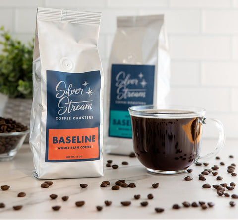 SilverStream Baseline blend coffee brewed fresh in glass mug